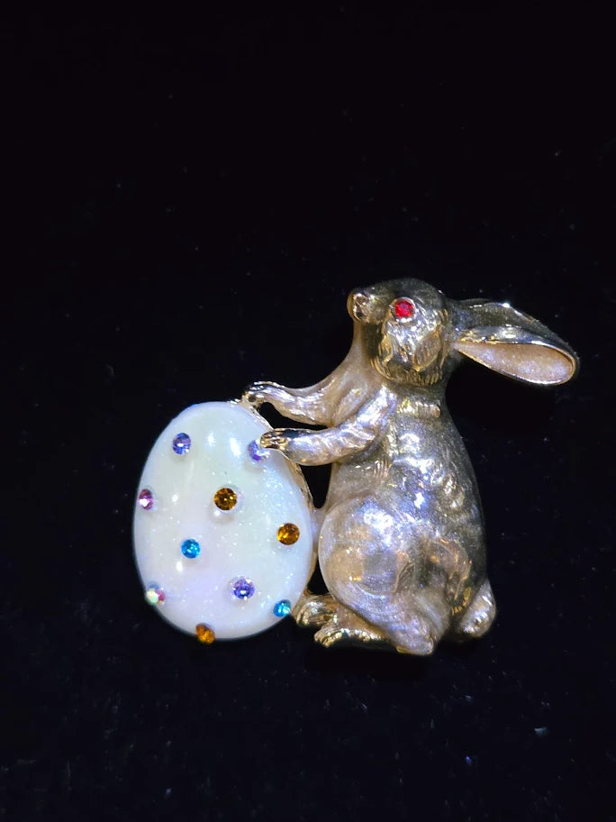 Easter Bunny Brooch | Gold-Tone with Multicolor Crystal Accents | Vintage Style Pin