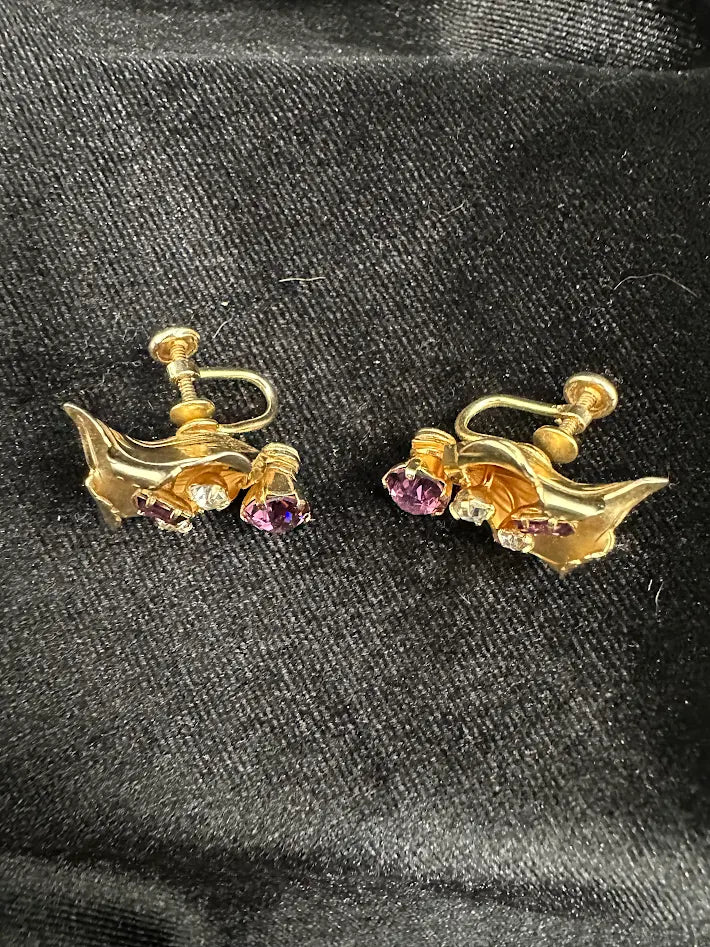 Gold-tone orchid screw back earrings with purple rhinestone and clear accent stones, view 3