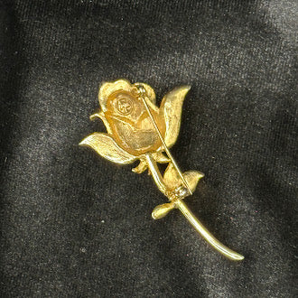 Angel Signed Red Enamel Rose Brooch | Gold Tone Floral Pin with Rhinestone Accent