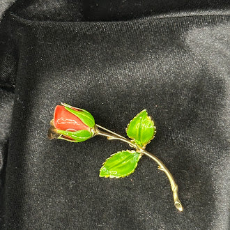 Giovanni Gold Tone Red Enamel Rose Brooch Long Stem Pin Green Enamel Leaves Signed