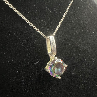 925 Sterling Silver Mystic Topaz Pendant Necklace 16” Round Cut Rainbow Crystal Solitaire