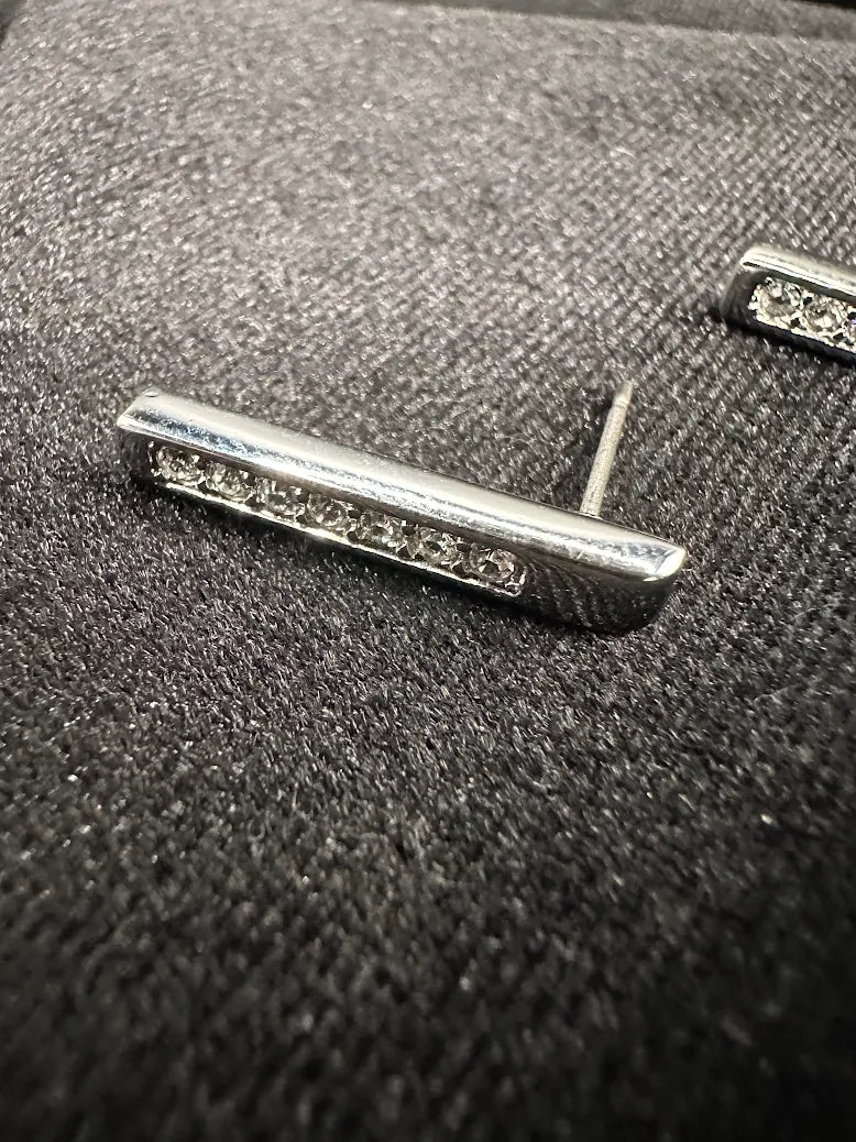 Swarovski silver-tone bar stud earrings with row of clear crystals, view 4