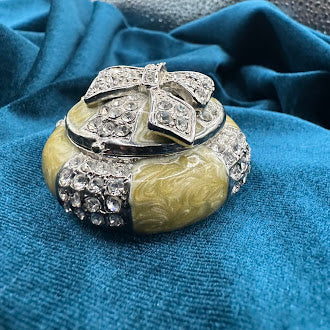 Enamel Mushroom Cap Magnetic Trinket Box Rhinestone Bow Lid Silver Tone Detail