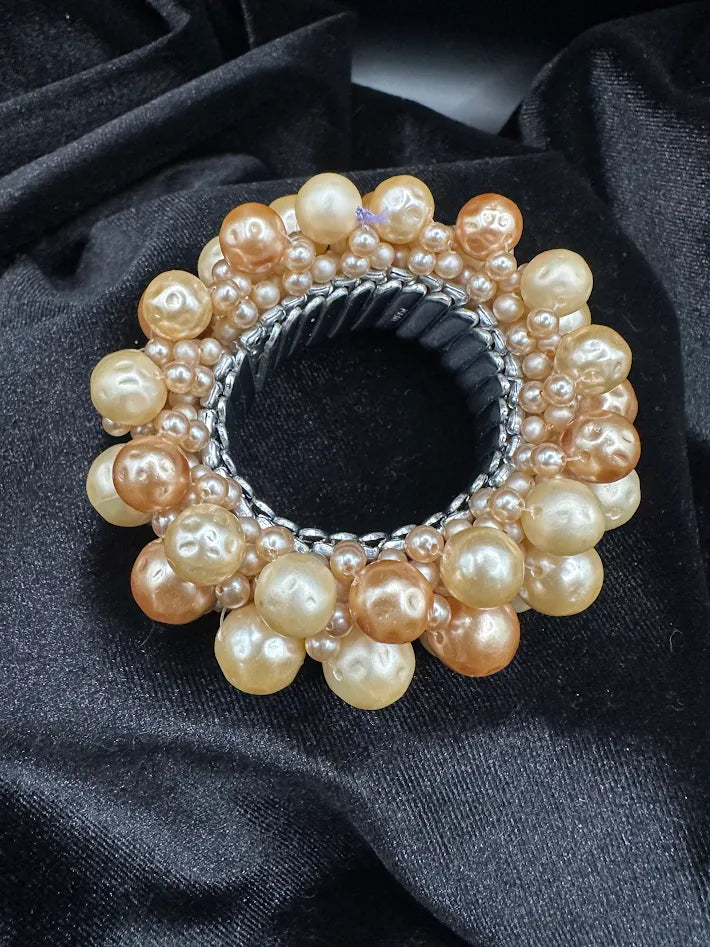 Faux Pearl Cluster Bracelet Champagne Ivory Beaded Stretch Statement Bracelet Bold Textured Bubble Jewelry