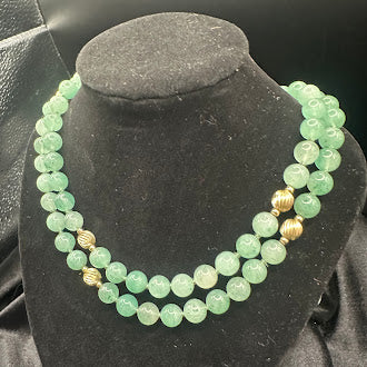 Green Aventurine Style Double Strand Bead Necklace with Gold Tone Accents