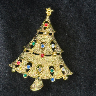 Vintage Signed JJ Gold Tone Christmas Tree Brooch | Multicolor Rhinestone Holiday Pin