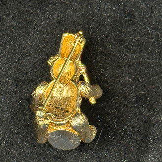 Signed Christopher Radko gold-tone teddy bear drummer Christmas brooch with red and green enamel, view 3