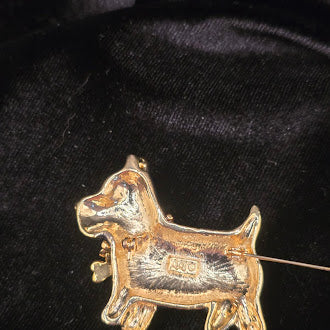 Signed black enamel Scottie dog brooch with blue crystal eye and rhinestone bone on gold-tone collar, view 5