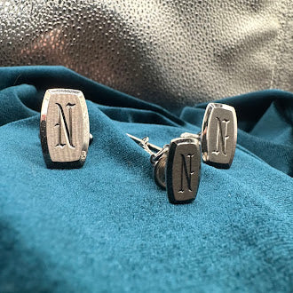 Vintage silver tone monogram N cufflinks and tie tack set with engraved initial and chain back