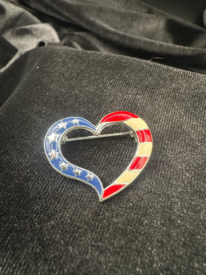 NOAV Silver Tone Patriotic Heart Brooch with Red White and Blue Enamel