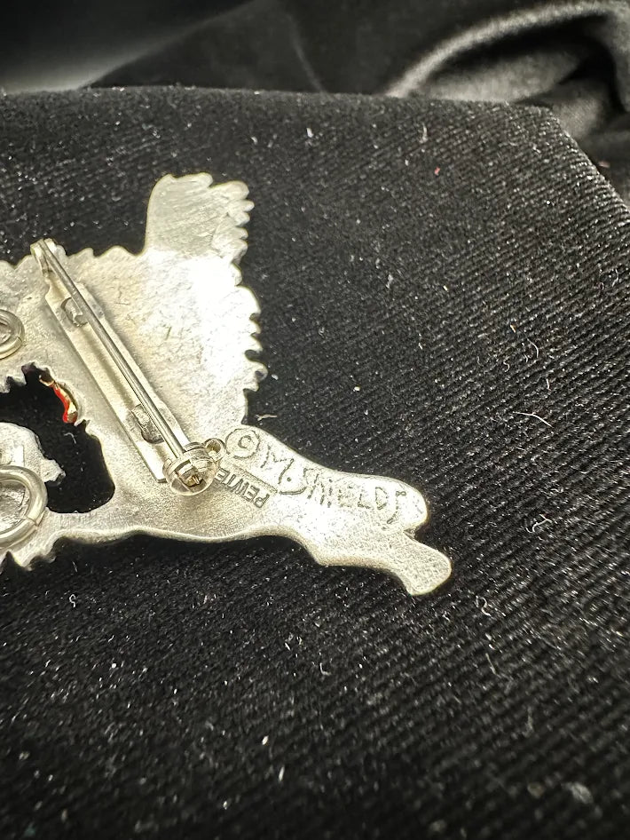 (SIGNED M FIELDS) JJ pewter poodle brooch with red flower accent