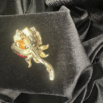 (SOLD) Vintage Monet Gold-Tone Red Rhinestone Rose Brooch with Green Enamel Leaves