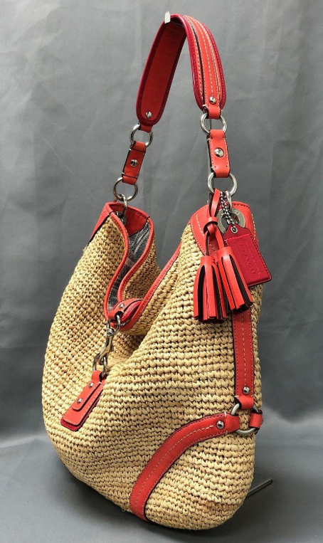 Coach oversized straw hobo with tangerine leather trim, view 4