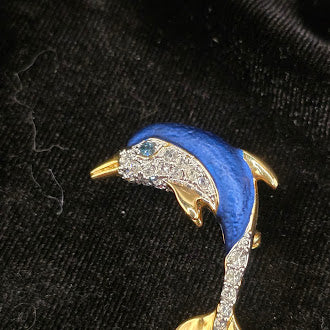 Gold Tone Blue Enamel Dolphin Brooch With Clear Rhinestone Accents