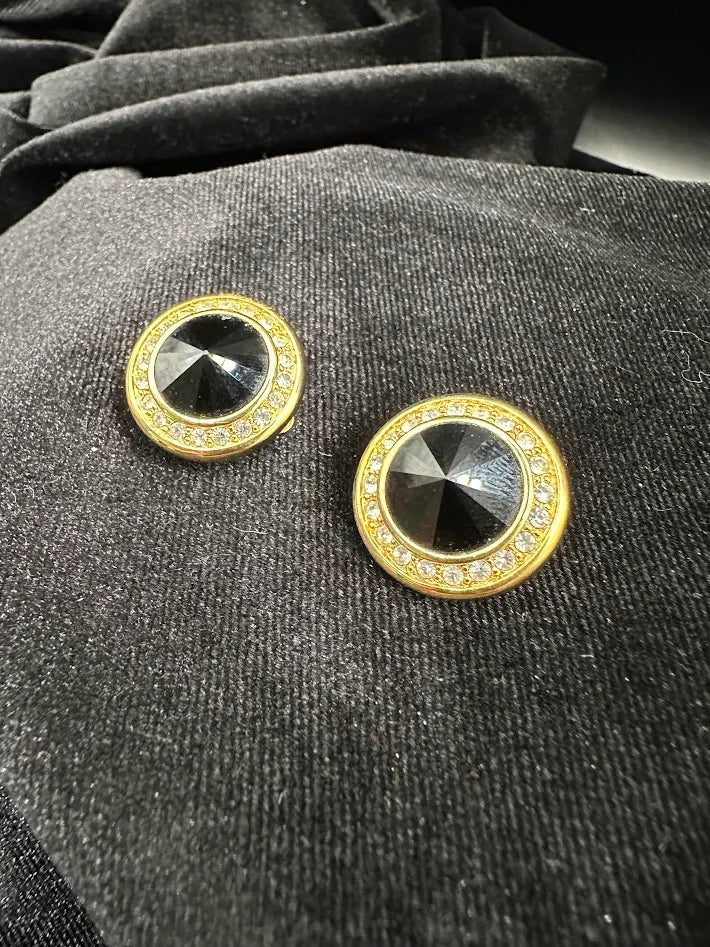Gold-tone round button clip-on earrings with black crystal centers and clear crystal halo, view 4