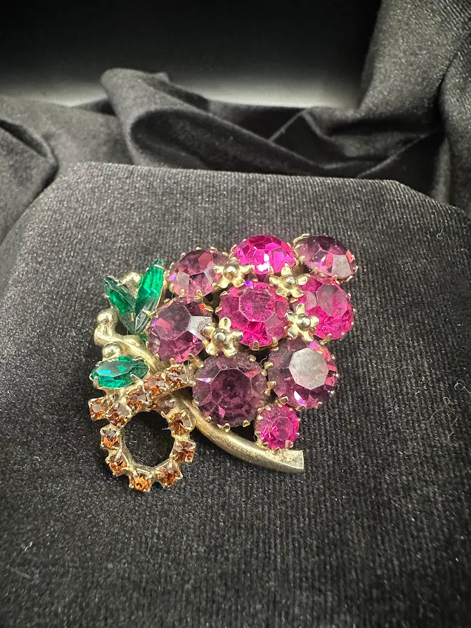 Gold-tone grape cluster brooch with pink and green rhinestones, view 3