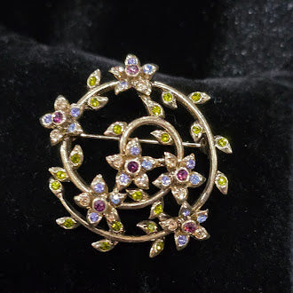 Vintage Monet Gold Tone Rhinestone Flower Vine Brooch, Floral Wreath Design, Signed Designer Estate Jewelry