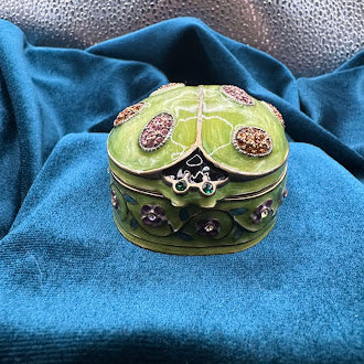Green Ladybug Trinket Box with Floral Trim | Rhinestone Accent Enamel Figurine Box