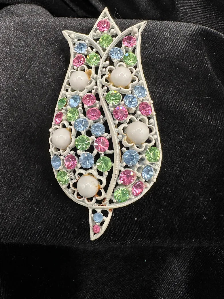 White enamel openwork tulip brooch with pastel pink, blue and green rhinestones, view 4