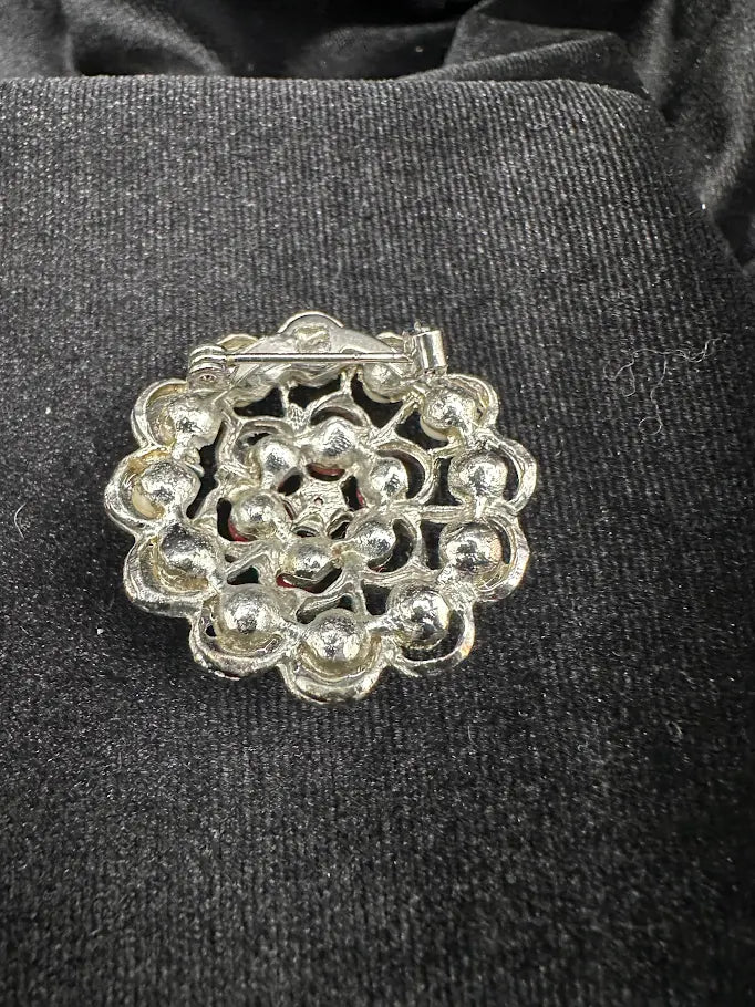 Silver-tone flower brooch with red and cream bead petals, view 3