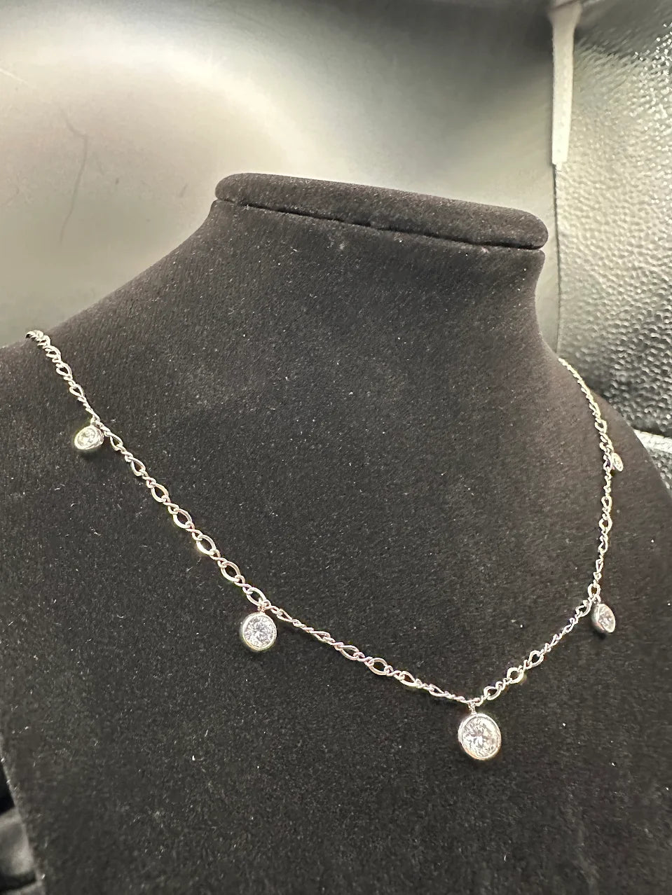 925 SAX Sterling Silver Bezel Set Station Necklace Clear Crystal Drop Design