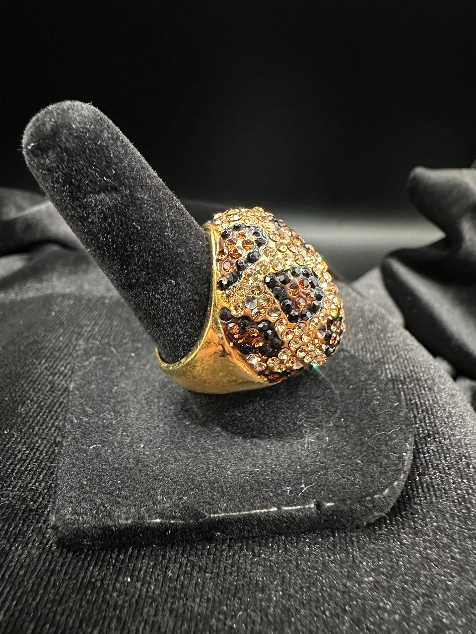 Gold-tone dome cocktail ring with amber and black crystal leopard print pavé, view 4