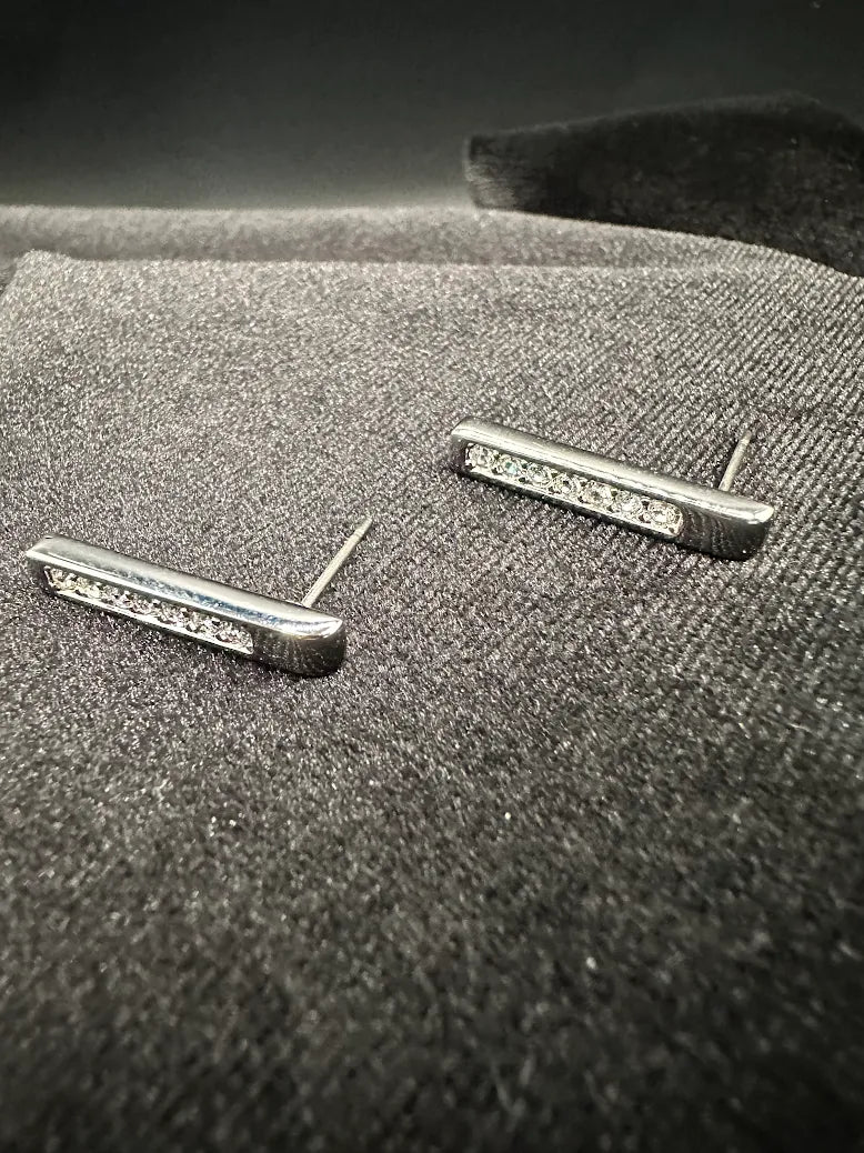 Swarovski Silver Tone Crystal Bar Stud Earrings Minimalist Designer Rhinestone Jewelry