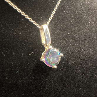 925 Sterling Silver Mystic Topaz Pendant Necklace 16” Round Cut Rainbow Crystal Solitaire
