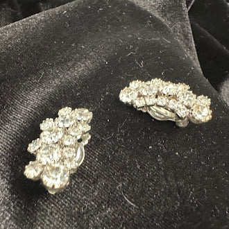 Silver-tone clip-on earrings with clustered clear rhinestones, view 4