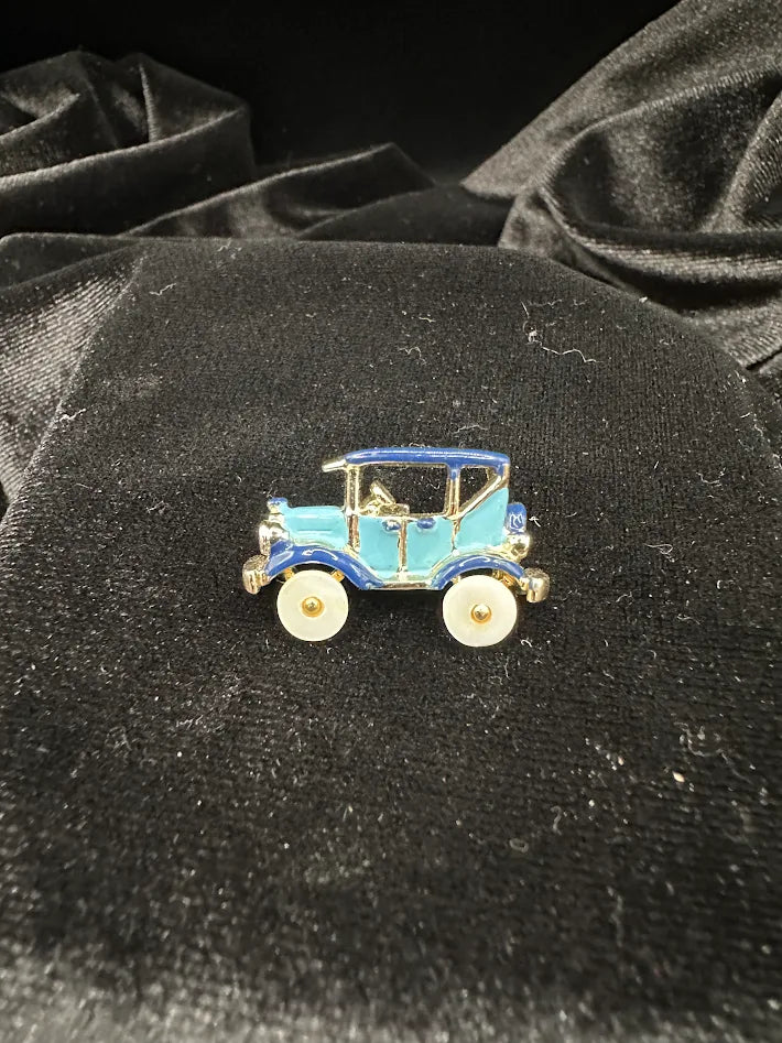 Silver-tone classic car brooch with blue enamel, view 2