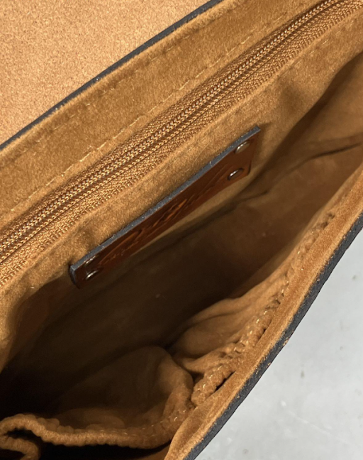 British tan leather crossbody with beaded owl face on the front panel, view 5