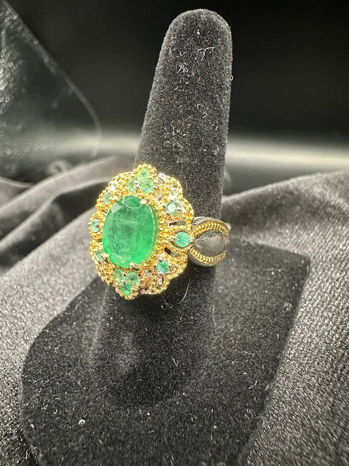 Sterling Silver 925 & 14K Emerald Ring Large Oval Green Stone Halo Statement Ring Size 6