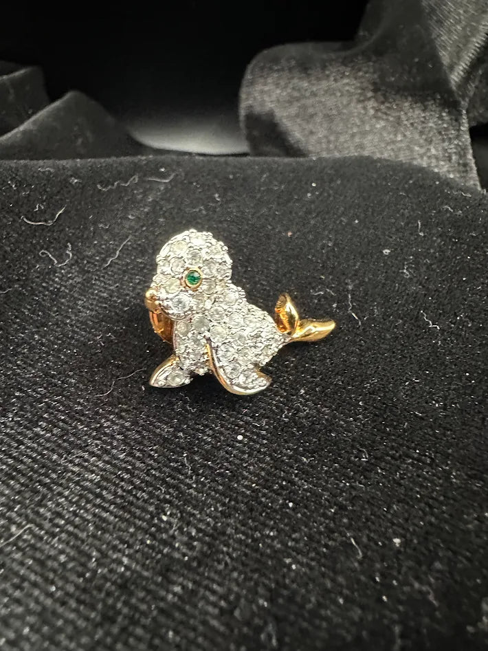 Swarovski Crystal Seal Brooch Gold Tone Clear Pavé Rhinestone Pin Green Eye Figural Animal Vintage Style Jewelry