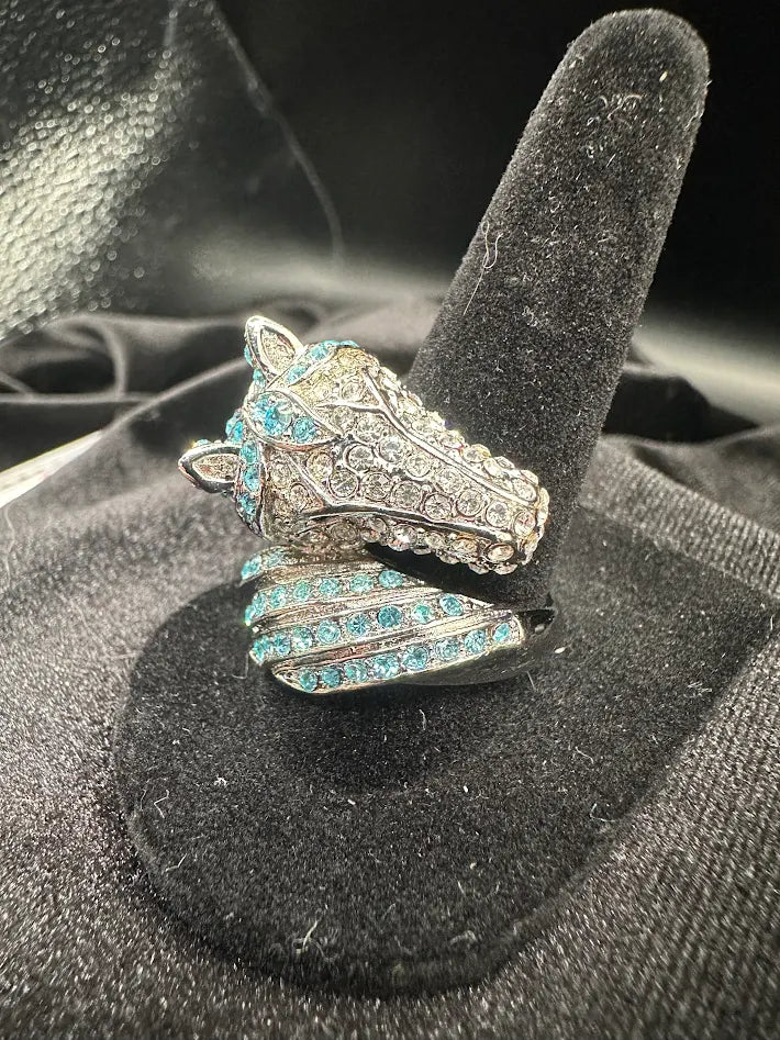 Vintage Horse Head Wrap Ring Silver Tone Blue Rhinestone Equestrian Statement Ring