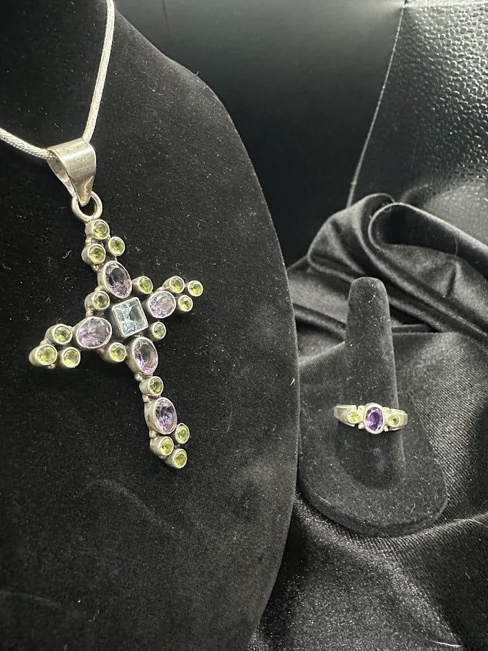 925 Sterling Silver Amethyst Peridot White Topaz Cross Pendant Necklace Ring Set Vintage Gemstone Jewelry