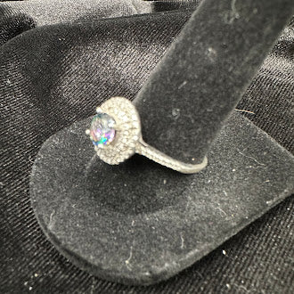 Sterling Silver Peacock Quartz Halo Ring with Cubic Zirconia Size 7.5