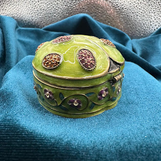 Green Ladybug Trinket Box with Floral Trim | Rhinestone Accent Enamel Figurine Box