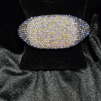 (SOLD) Vintage AKKAD Gold Tone Pavé Rhinestone Cuff Bracelet with Iridescent Crystal Sparkle, Wide Statement Design, Glam Estate Evening Style