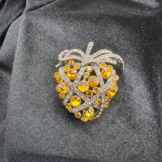 Silver-tone strawberry brooch with orange rhinestones, clear crystal accents and textured leaves, view 5