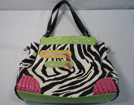 Large zebra print tote with pink and green croc-embossed trim and black handles, view 2
