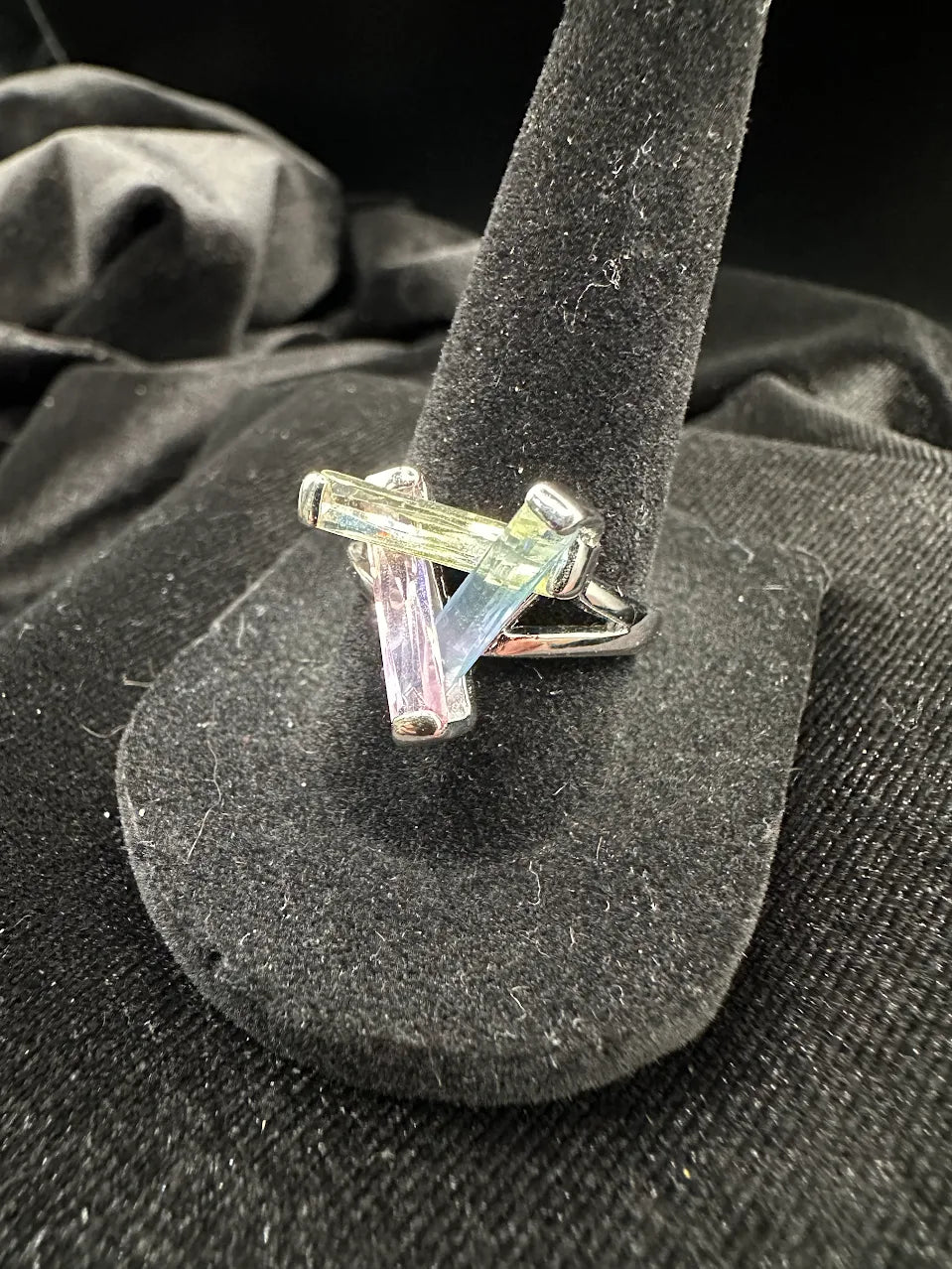 Silver Tone Pastel Baguette Crystal Ring