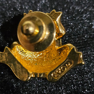 Signed Avon gold-tone frog brooch with green enamel body and clear rhinestones, view 4
