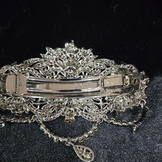 Vintage Style Silver Tone Rhinestone Barrette Hair Clip with Pink and Lavender Crystals, Ornate Filigree Scrollwork, Bridal Glam Accessory