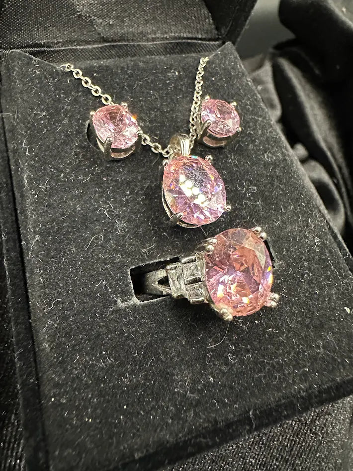 Silver Tone Pink Crystal Necklace and Ring Set With Original Box