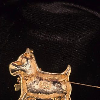 Signed black enamel Scottie dog brooch with blue crystal eye and rhinestone bone on gold-tone collar, view 4