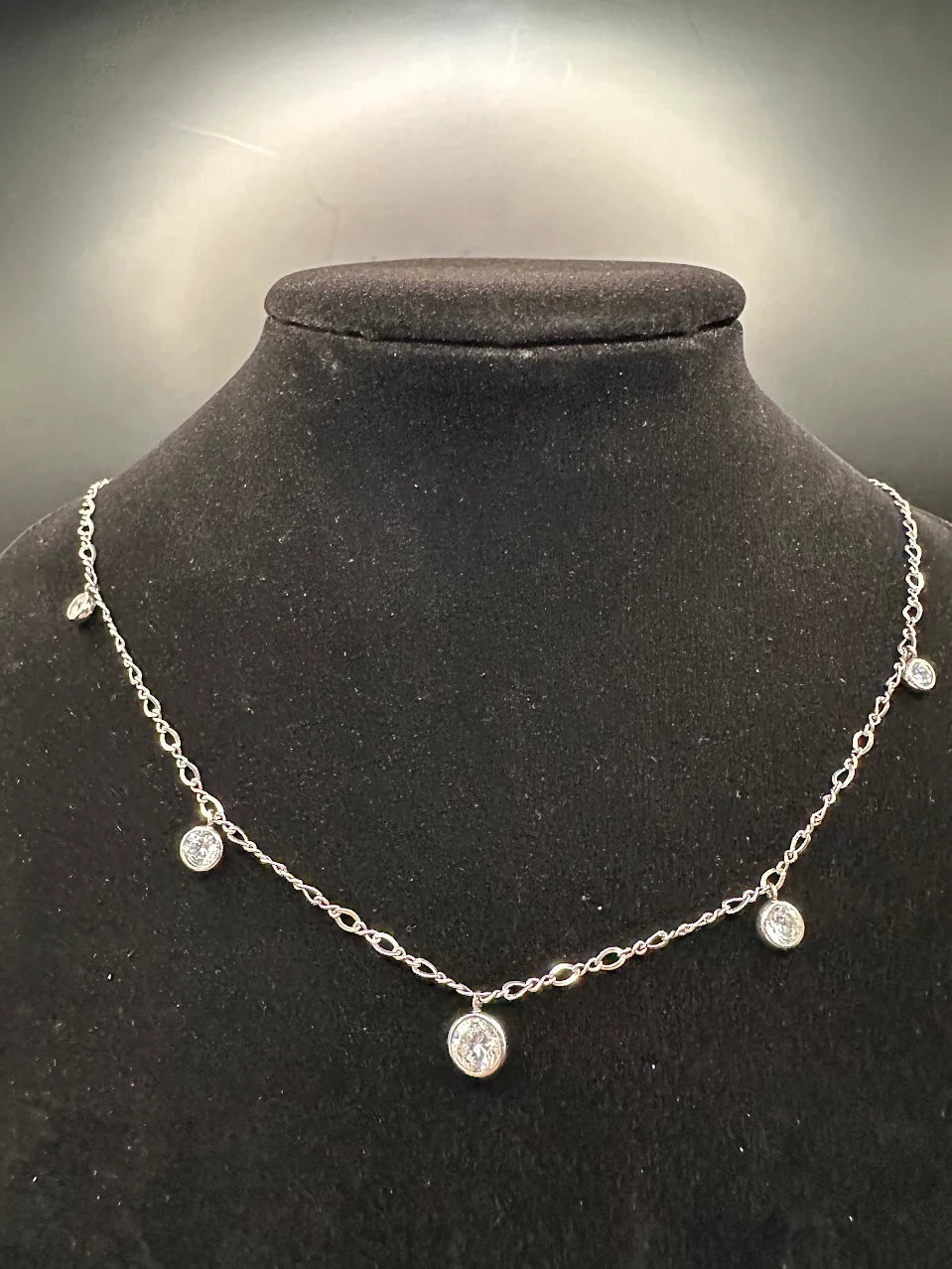 925 SAX Sterling Silver Bezel Set Station Necklace Clear Crystal Drop Design