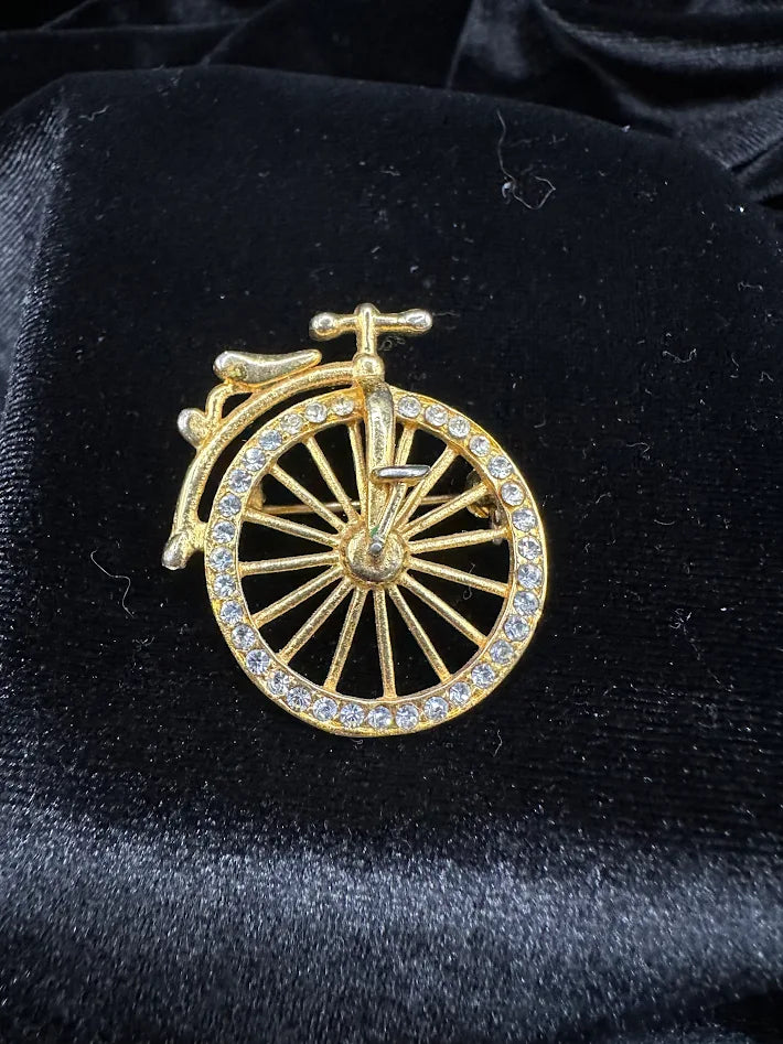 Gold Tone Rhinestone Bicycle Brooch Crystal Bike Pin Cycling Jewelry Vintage Style Novelty Statement Brooch Gift Idea