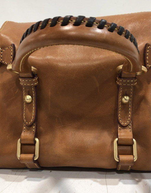 Dooney and Bourke brown Florentine leather satchel with tassels and braided handles, view 4