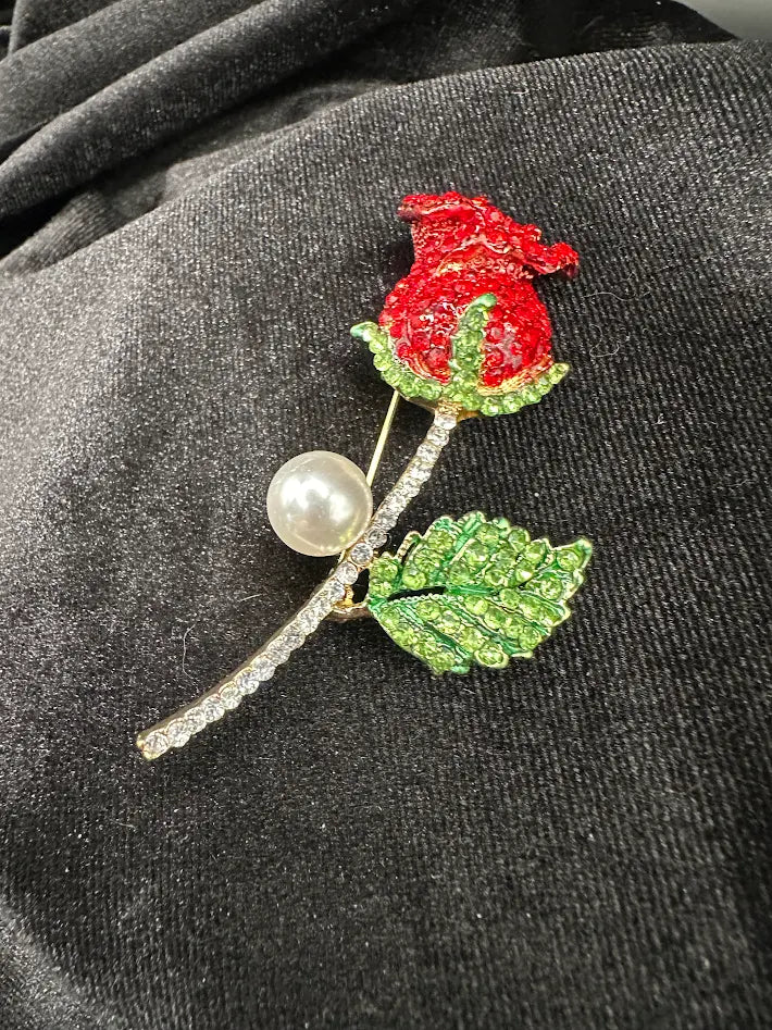 Red Rose Brooch Rhinestone Crystal Flower Pin Faux Pearl Stem Green Leaf Statement