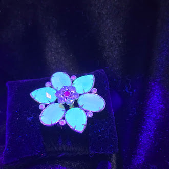 Vintage UV Reactive Floral Brooch with Pastel Petal Stones and Rhinestone Center, Estate Statement Flower Pin, Iridescent Glow Under Blacklight